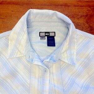 REI blue and white striped wicking button down with vented back